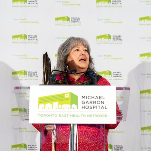 Kahontakwas Diane Longboat, Turtle Clan, Mohawk Nation, citizen of the Haudenosaunee Confederacy, Six Nations Grand River Territory, gives an Indigenous blessing at the celebratory grand opening of the new Ken and Marilyn Thomson Patient Care Centre.