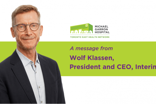 Photo of Wolf Klassen with text that reads, "A message from Wolf Klassen, President and CEO, Interim"