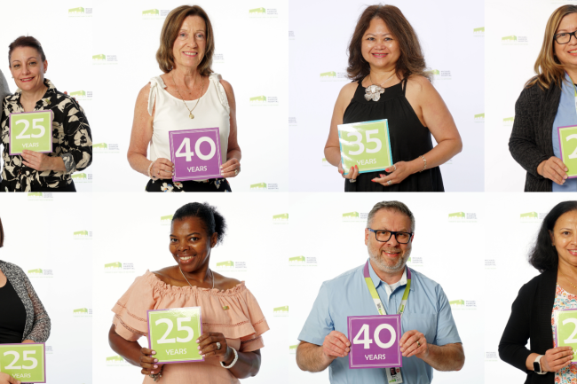 Collage of staff holding signs that read 25, 30, 35 or 40 years