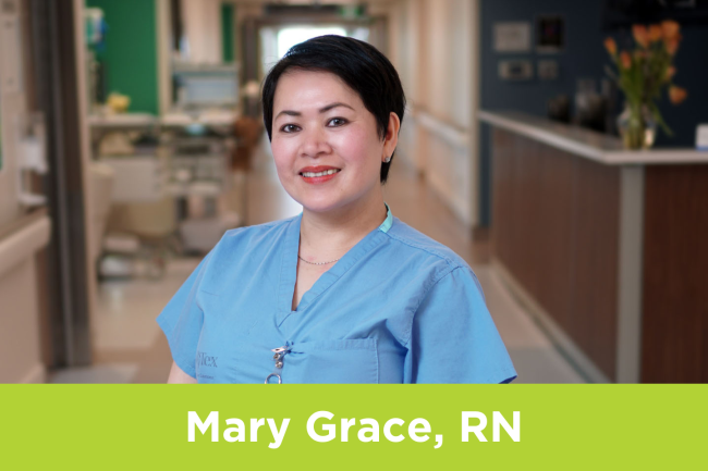 Mary Grace Reyes Mary Grace, a Registered Nurse, poses in a hallway at Michael Garron Hospital.
