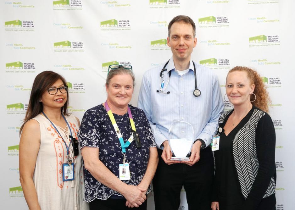 The Complex Continuing Care team accepted the Lead Wisely award for their virtual whiteboard project. (Left to right: Carol-Joy Martin, Karen Kerry, Dr. Pieter Jugovic, and Vanessa Hill.) (Photo: Ellen Samek)