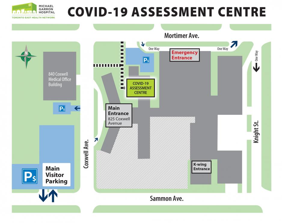COVID-19 Assessment Centre Location of the COVID-19 Assessment Centre. Patients are to enter off of Mortimer Avenue. There is no access to the Centre through the main hospital entrance.