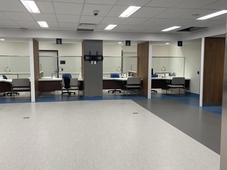 Interior shot of the central patient registration area in MGH's new main lobby