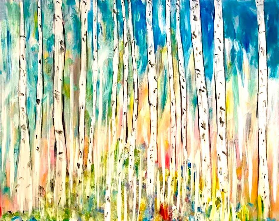 An artwork of green, blue, yellow, orange and red colours to create a forest-like painting. Designed by Anna Narday