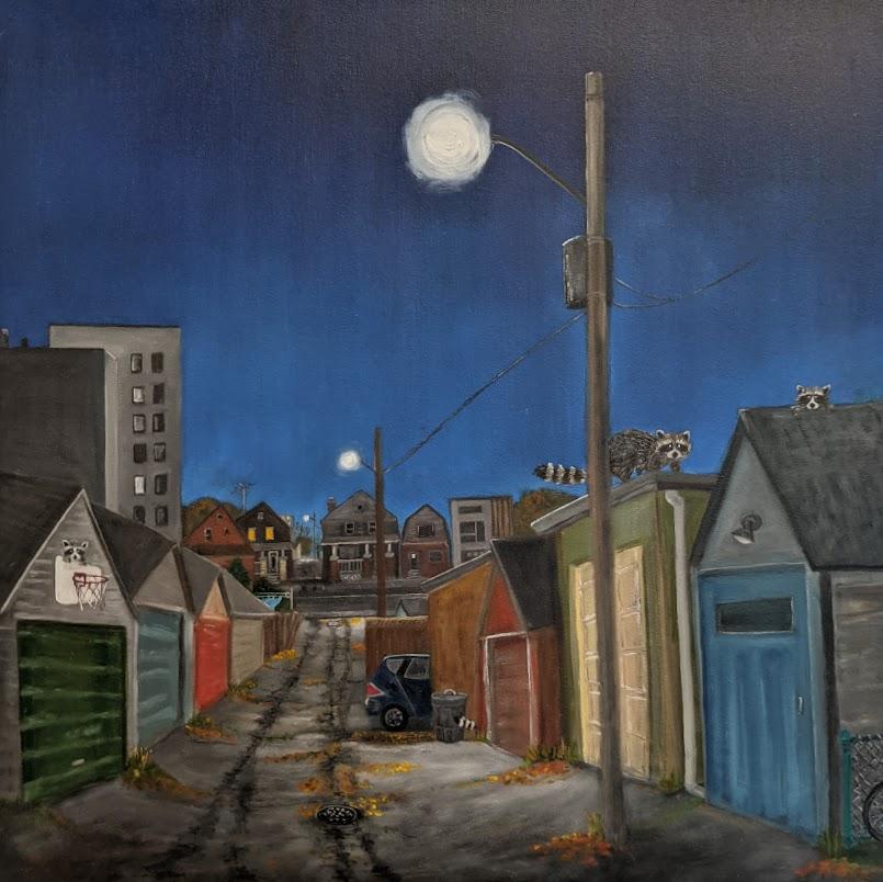 Acrylic painting of back alley of some neighbourhood houses, artwork by Karin McLean