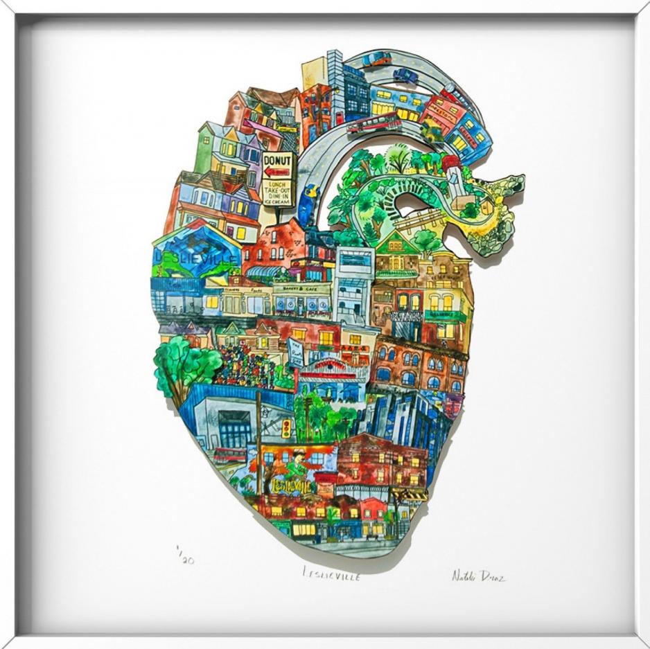 A heart collage made up of elements of Leslieville village